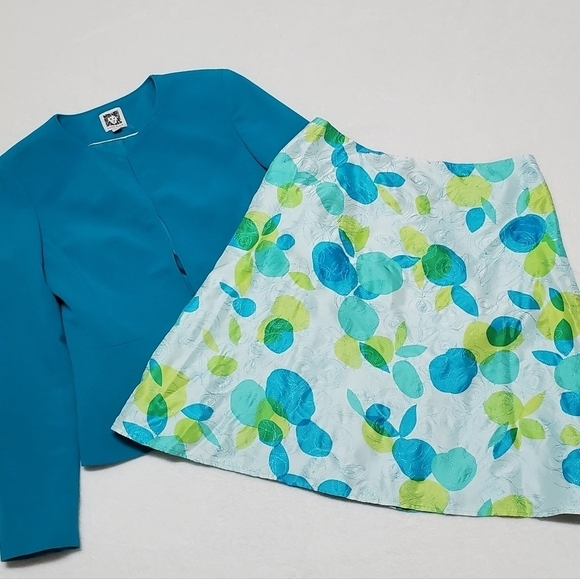VINTAGE 90s Anne Klein Turquoise Blazer Abstract Silk A-line Skirt Set Outfit - Picture 4 of 16